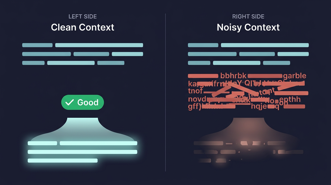Diagram comparing clean context with a good output versus noisy context where the output quality degrades