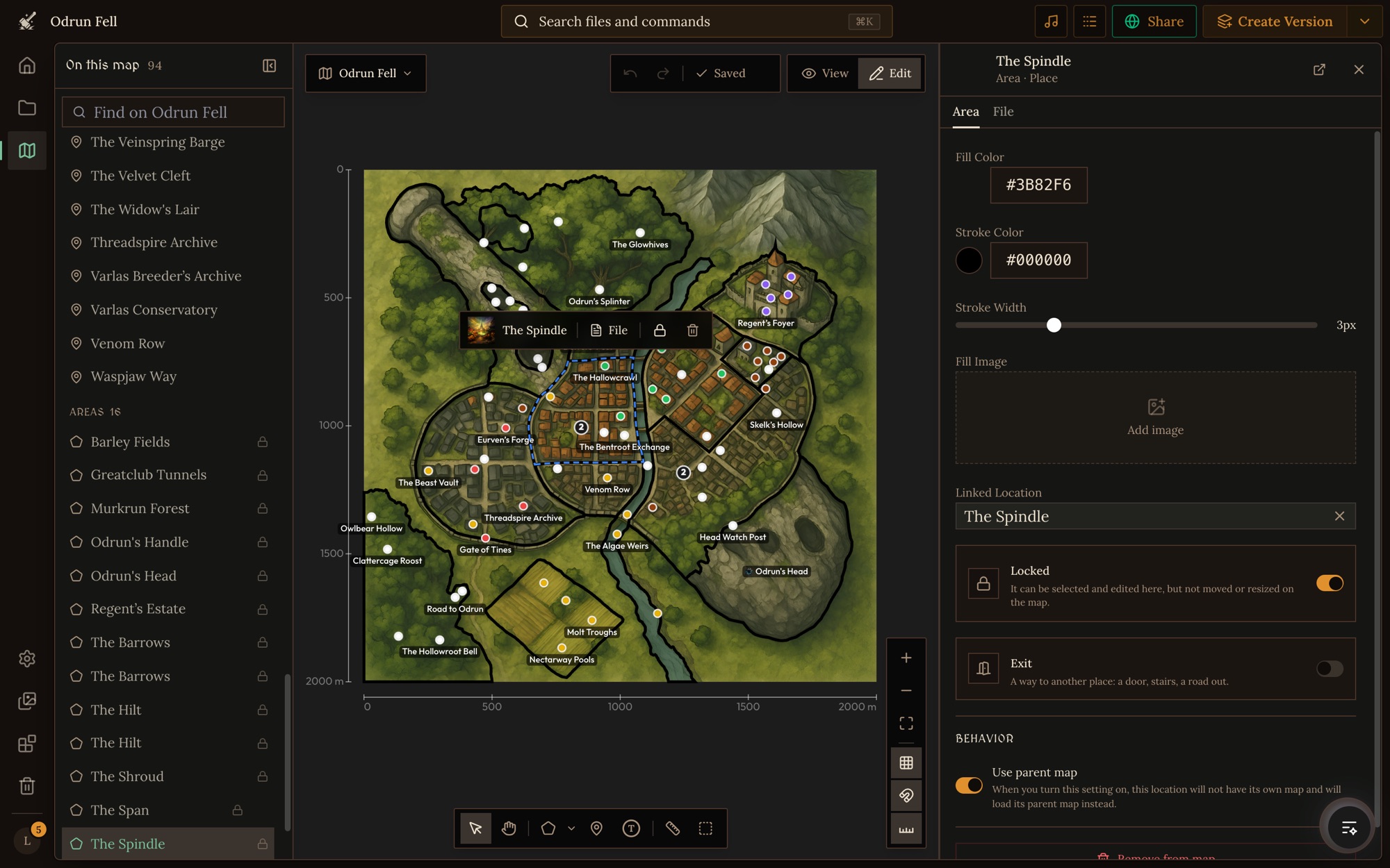 The map editor with The Spindle area selected: the On this map list on the left, the selection bar over the area, and the Area tab of the side panel on the right