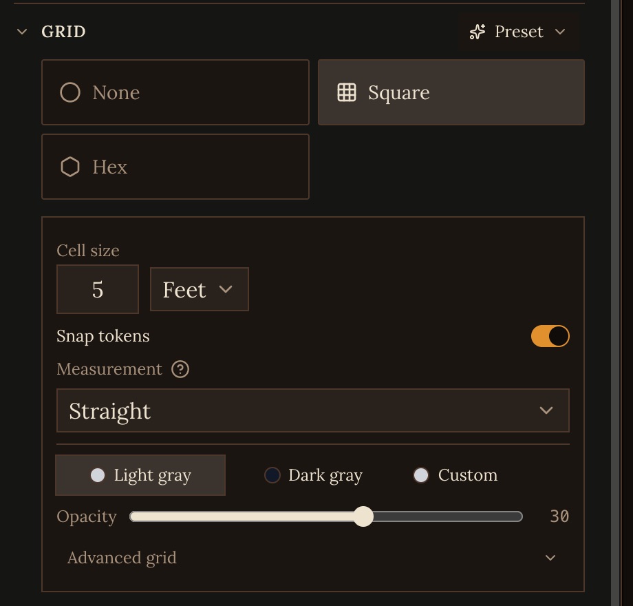 The Grid section set to Square with 5 foot cells, Snap tokens on, and Straight measurement