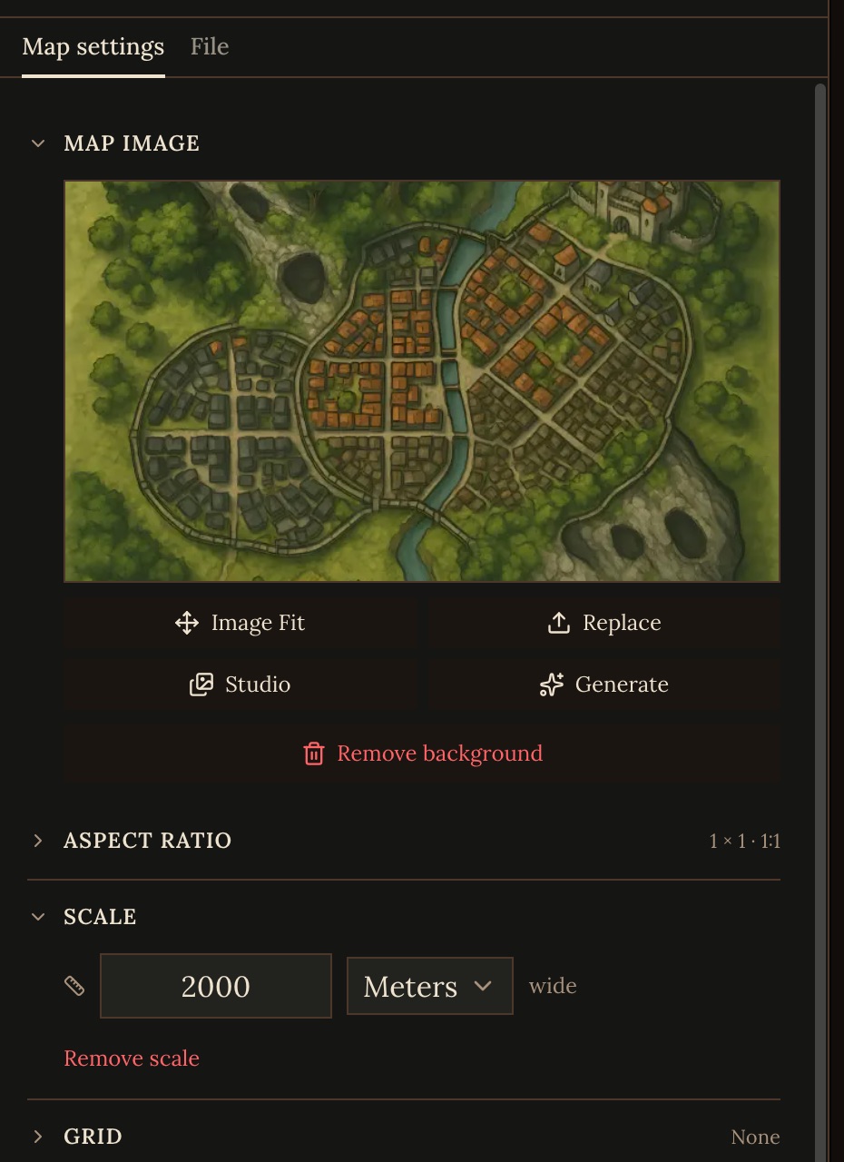 The Map image section with Image Fit, Replace, Studio, Generate and Remove background, and the Scale section set to 2000 meters wide