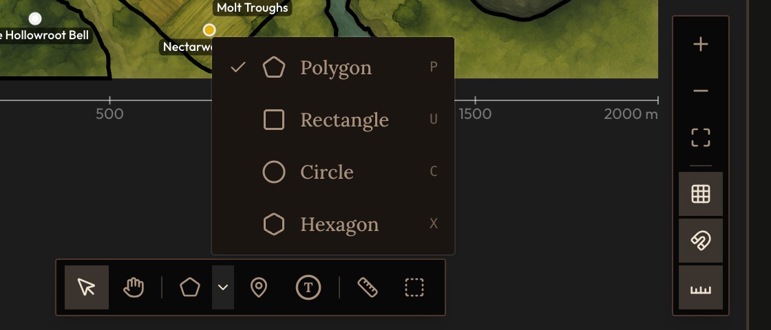 The map toolbar with the Area shape menu open, showing Polygon, Rectangle, Circle and Hexagon, and the zoom and view buttons to the right