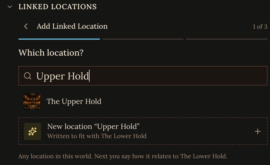 Step 1 of Add Linked Location on The Lower Hold: a search for Upper Hold showing The Upper Hold and a New location row written to fit with The Lower Hold