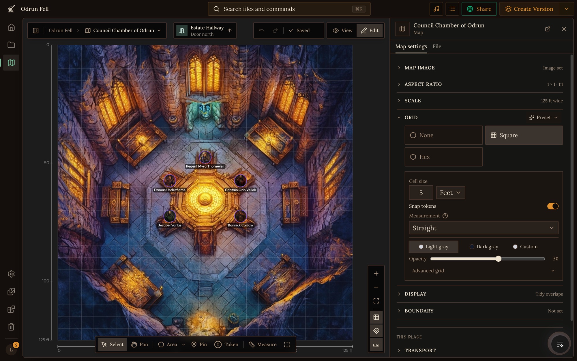 The Council Chamber of Odrun map with a 5 foot square grid and tokens for the five council members, with the Grid section open in Map settings