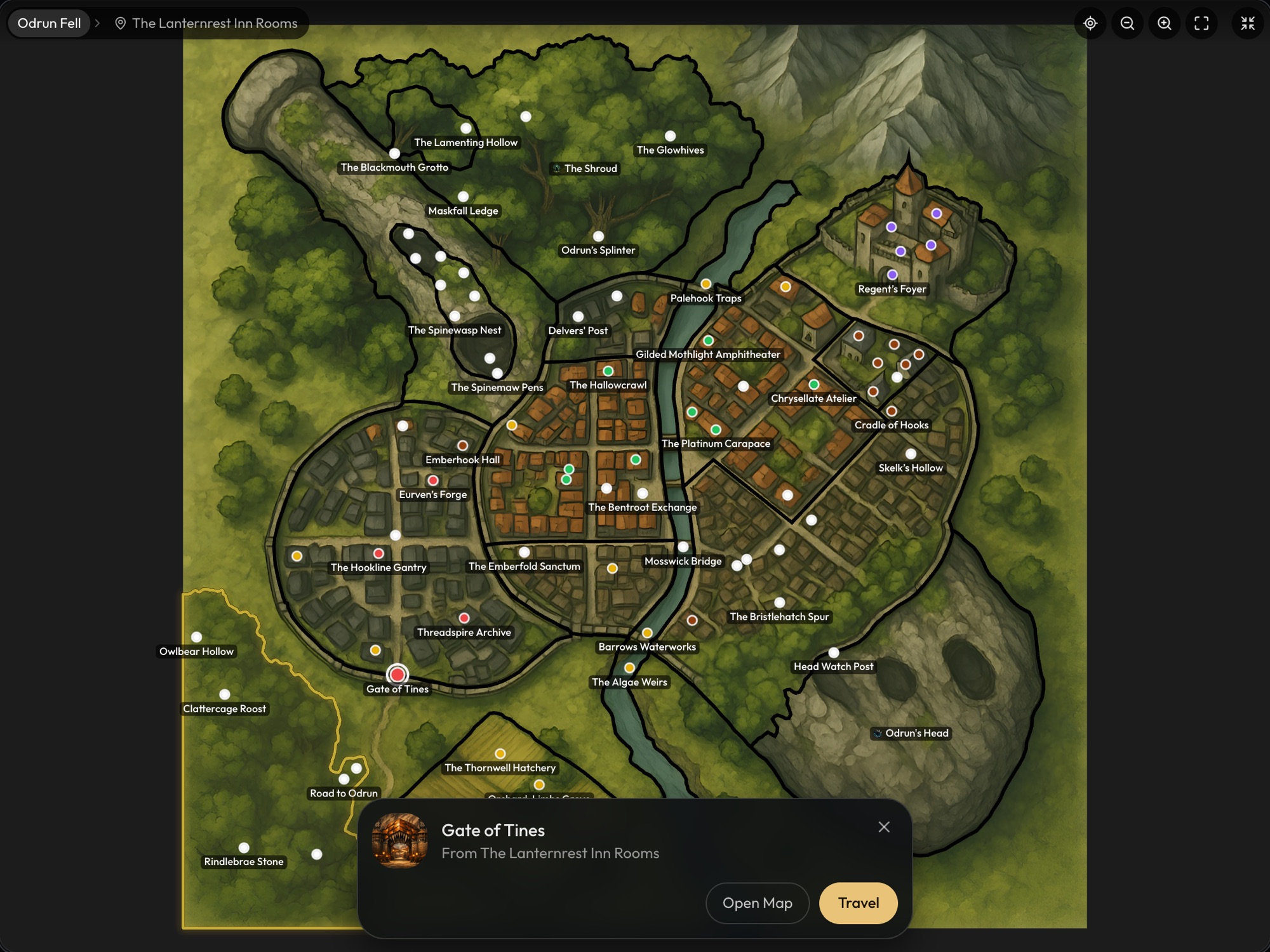 The Odrun Fell world map opened during a game, with the Gate of Tines picked: a card shows its picture, From The Lanternrest Inn Rooms, and the Open Map and Travel buttons