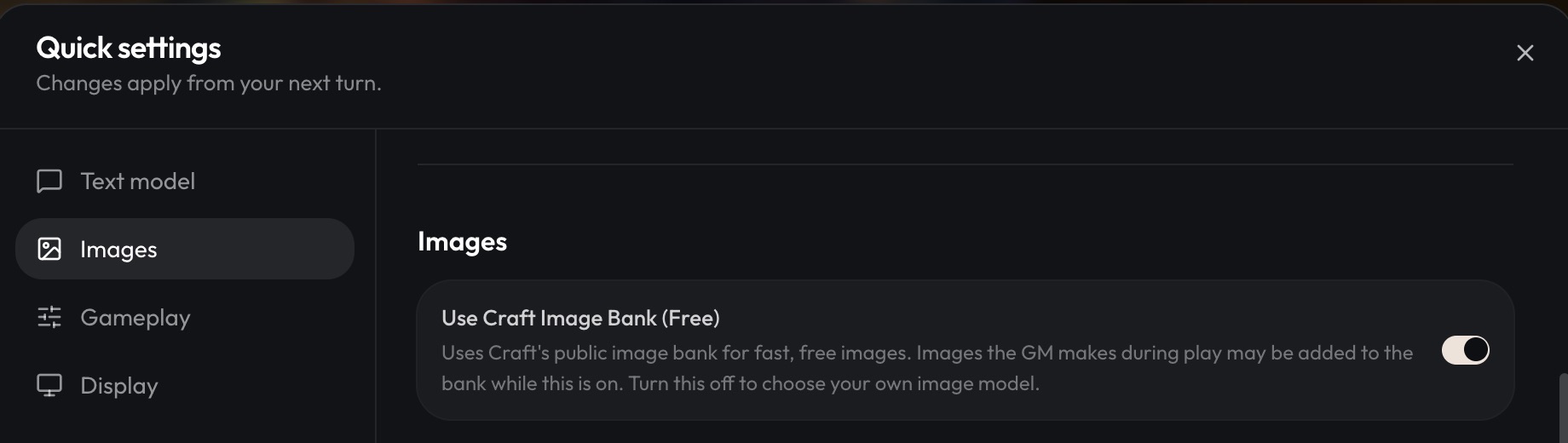 The Images section of Quick settings with Use Craft Image Bank (Free) switched on