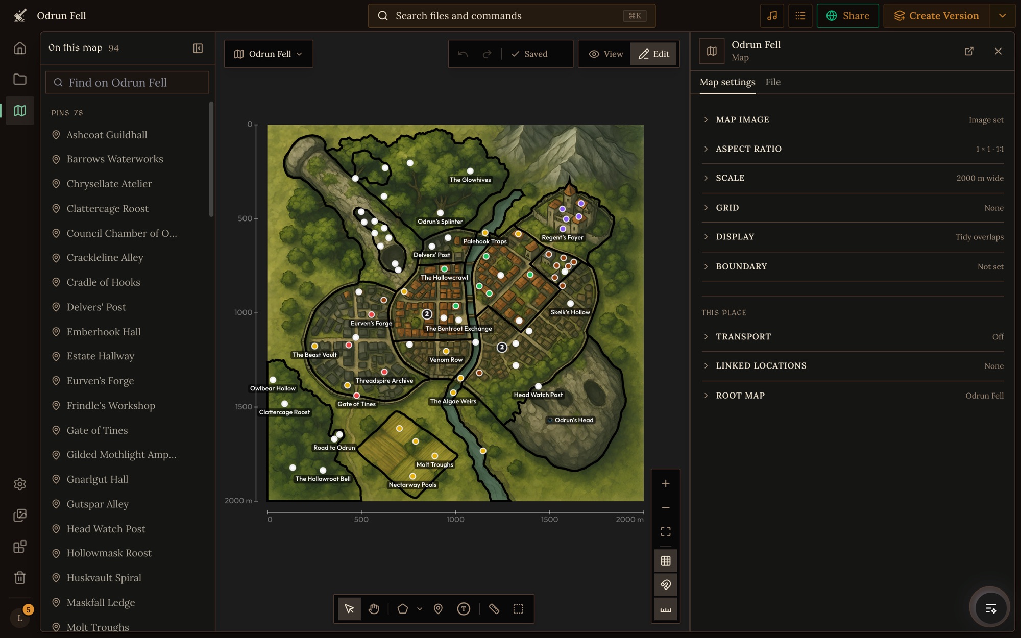 The Odrun Fell world map in the map editor, with the On this map list on the left and Map settings on the right