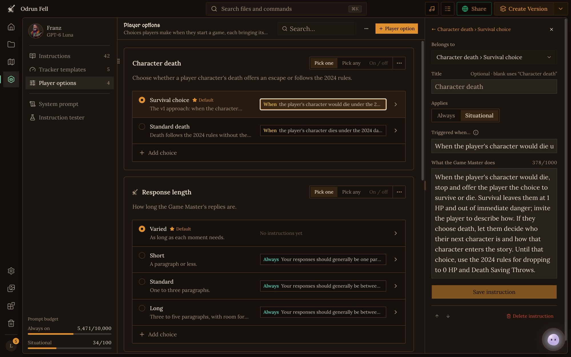 The Survival choice open in its drawer: Belongs to Character death › Survival choice, Applies set to Situational, its Triggered when… line, and the instruction the GM gets when a player picks it