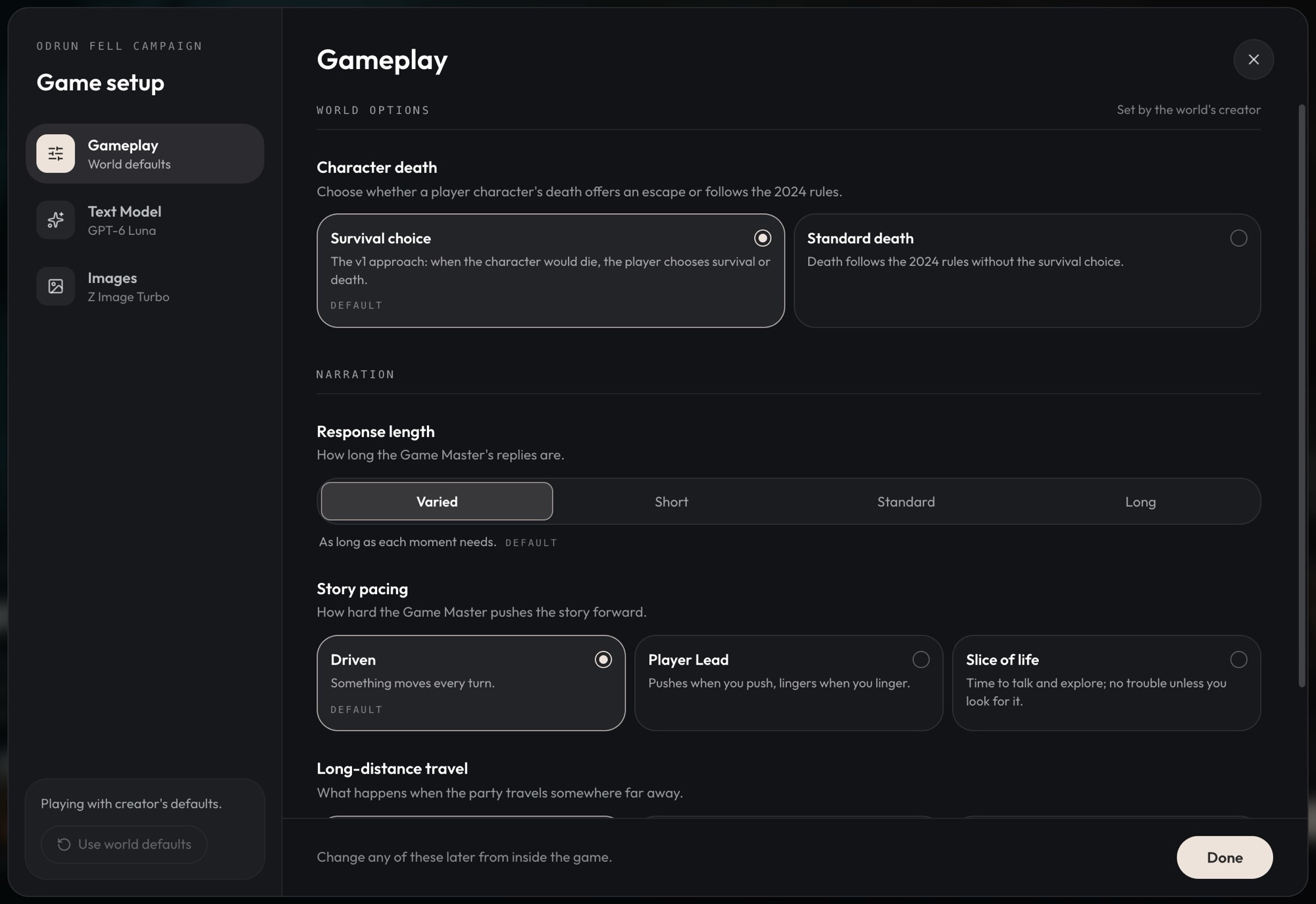 The lobby's Game setup dialog on the Gameplay tab: the world's Character death option, then Craft's Response length and Story pacing with their choices