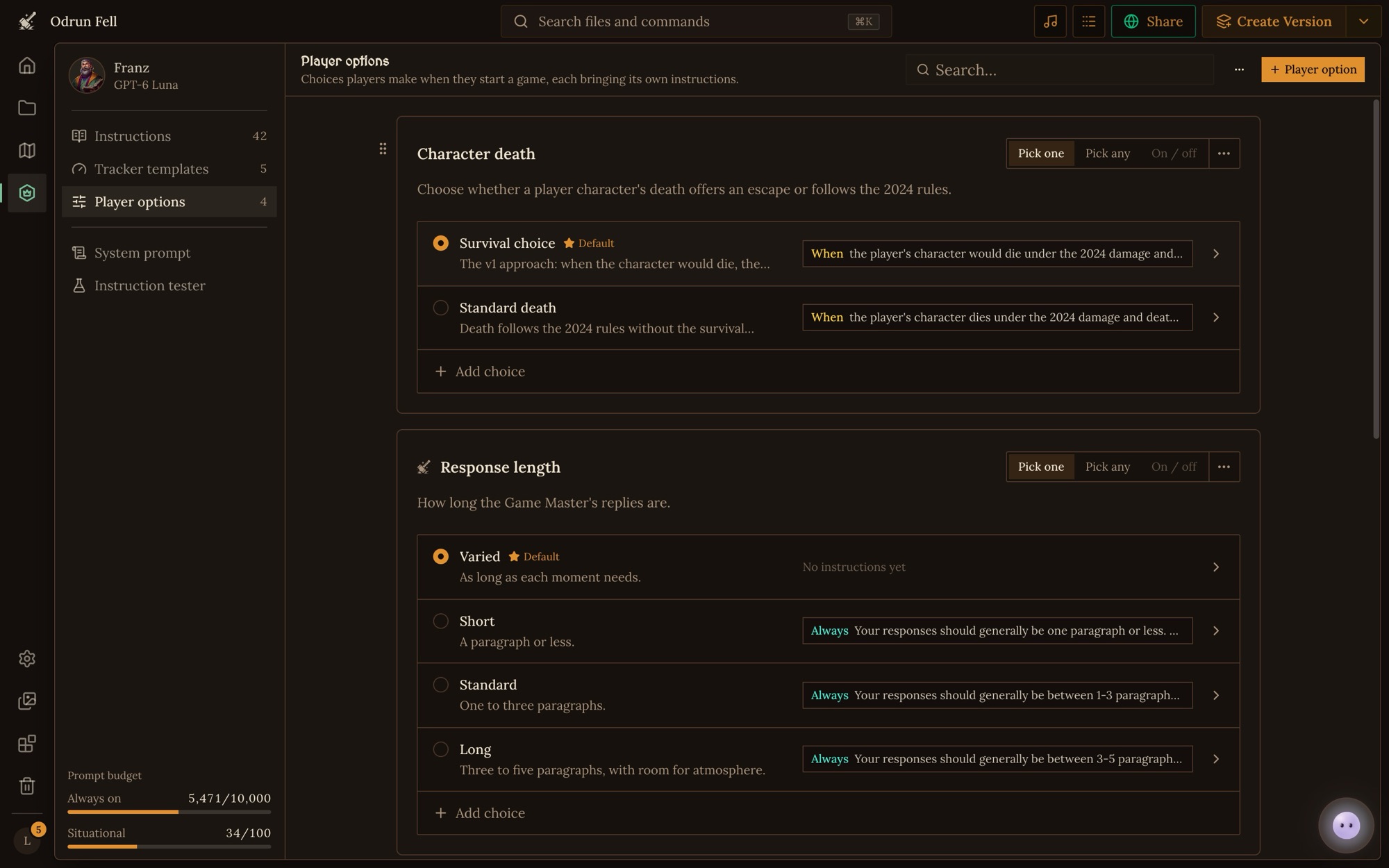 The Game Master place's Player options page: Odrun Fell's Character death option set to Pick one, with Survival choice (the default) and Standard death, each showing the instruction it brings, and Craft's Response length option below it
