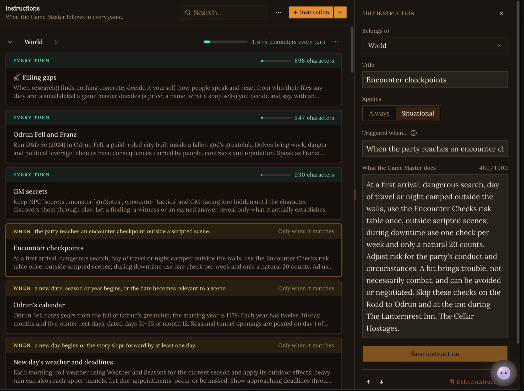 The Encounter checkpoints instruction open in its drawer: Belongs to World, its Title, Applies set to Situational, the Triggered when… line, and the instruction text under What the Game Master does