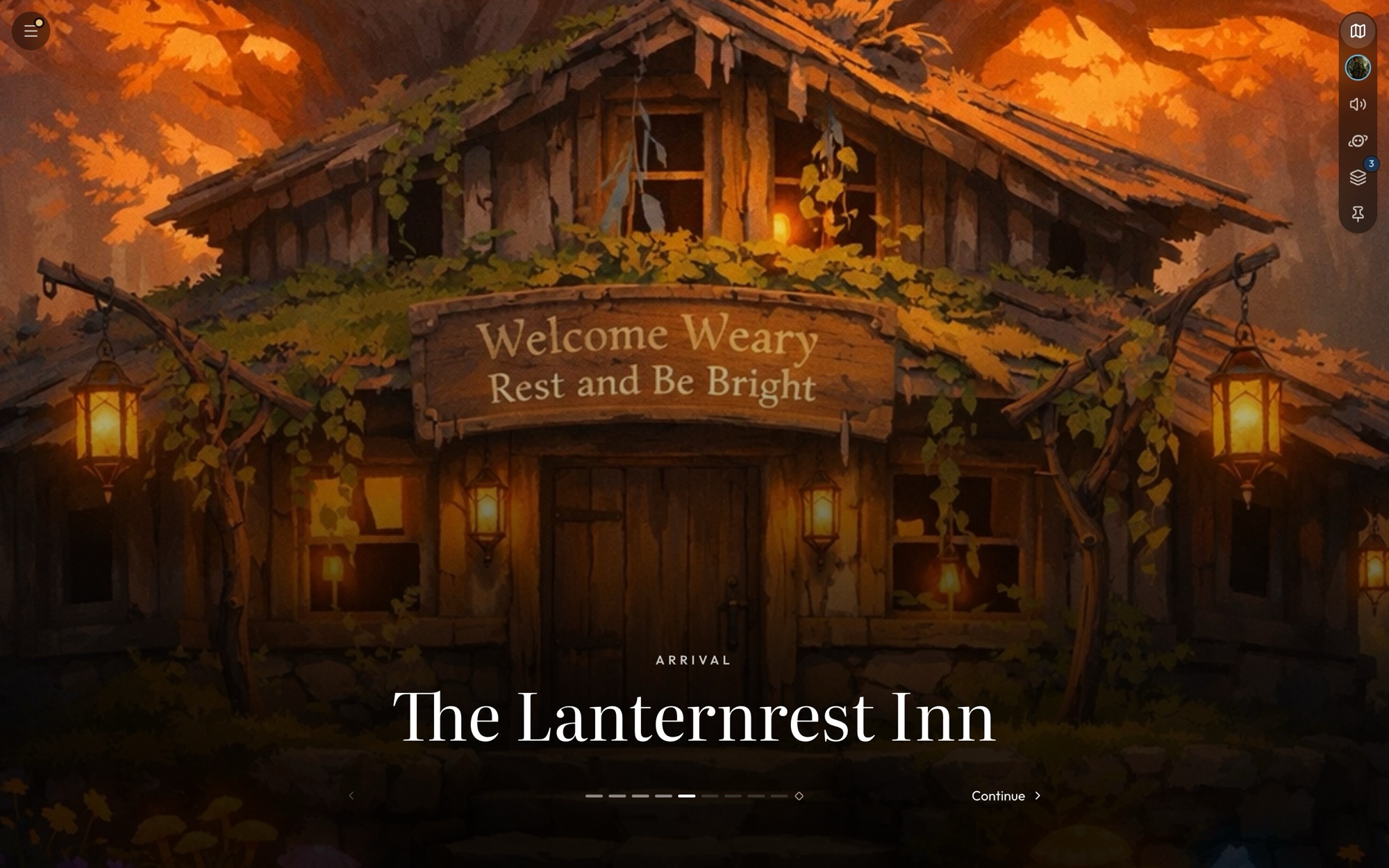 An arrival page: The Lanternrest Inn's picture fills the screen with ARRIVAL and the place's name over it