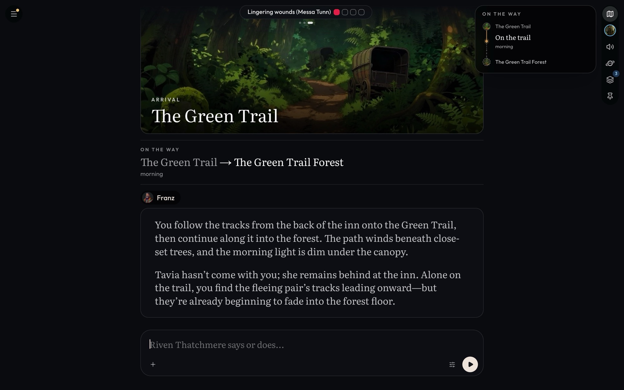 The game screen in Chat Only: an arrival card for The Green Trail, an On the way line, the GM's reply as plain text and the turn input at the bottom, with the journey card at the top right
