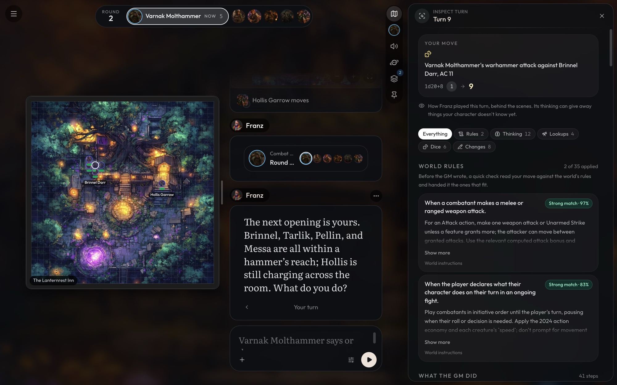 Inspect turn in the side panel: the player's attack roll, the filter chips (Everything, Rules, Thinking, Lookups, Dice, Changes), and the two world rules given that turn with their match strength