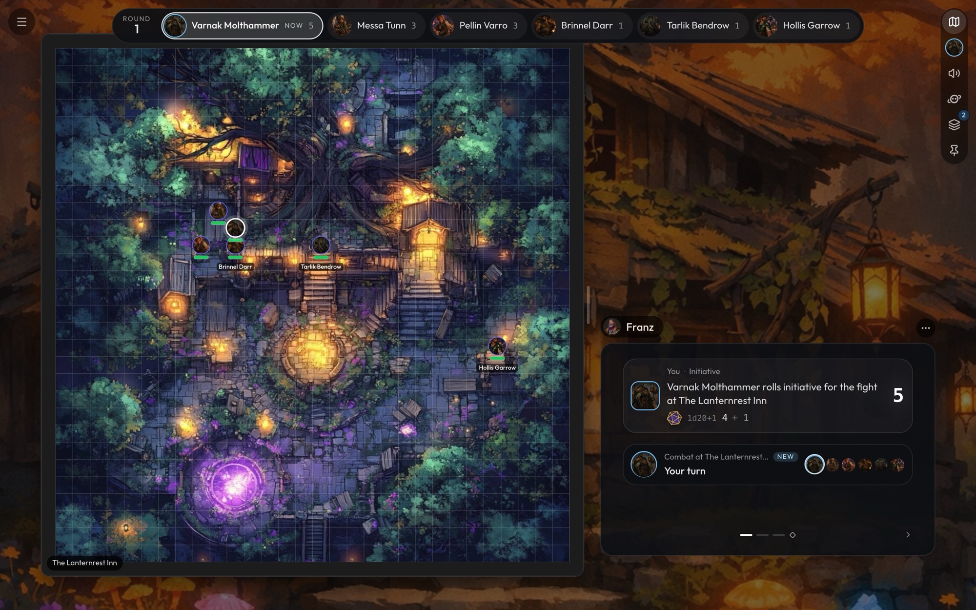 A fight on the game screen: the turn order across the top, the battle map on the left with everyone's tokens, and the story beside it with an initiative dice card and the Combat card saying it's your turn
