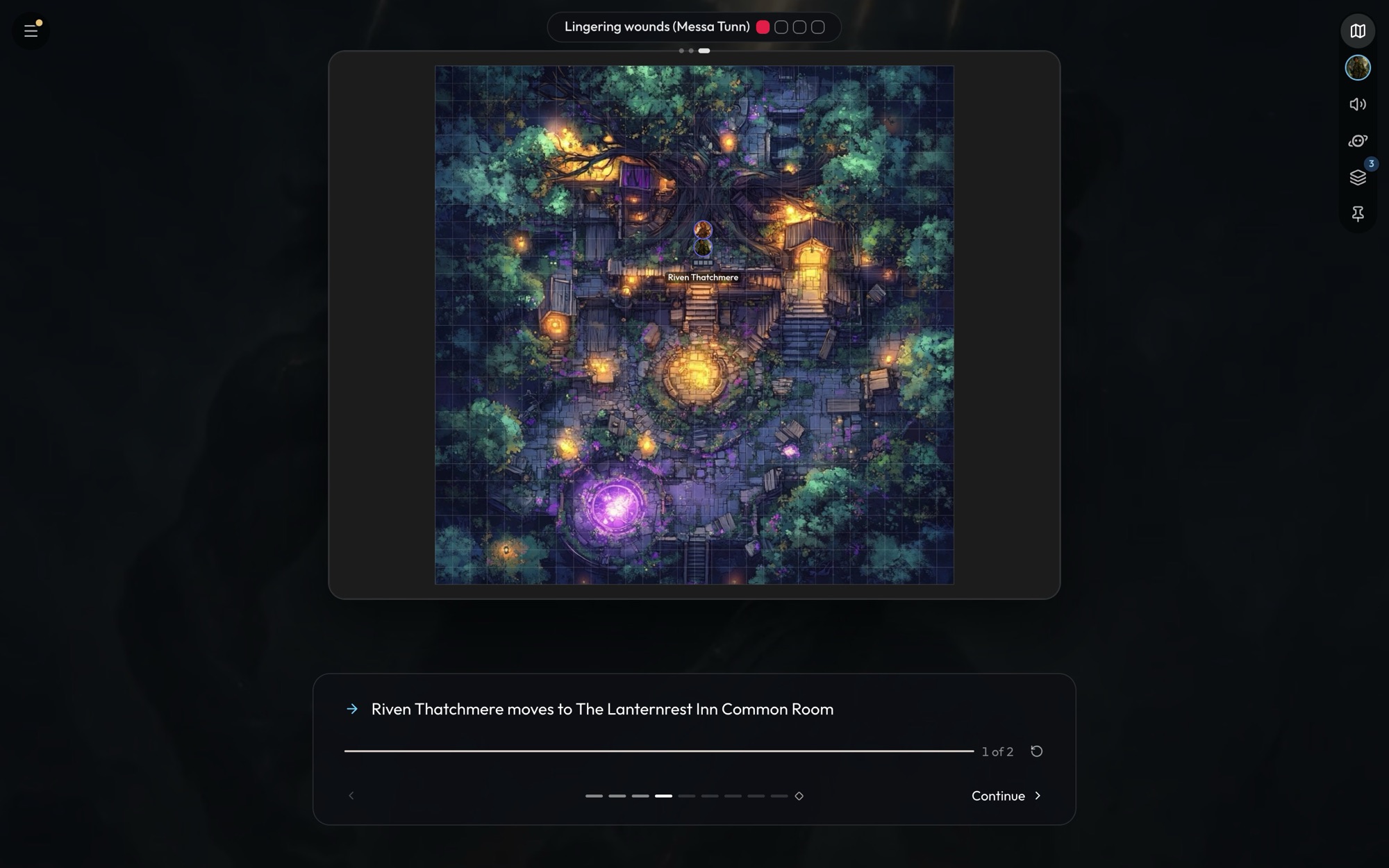 A map moment: the inn's map comes up over the story while a card below reads Riven Thatchmere moves to The Lanternrest Inn Common Room