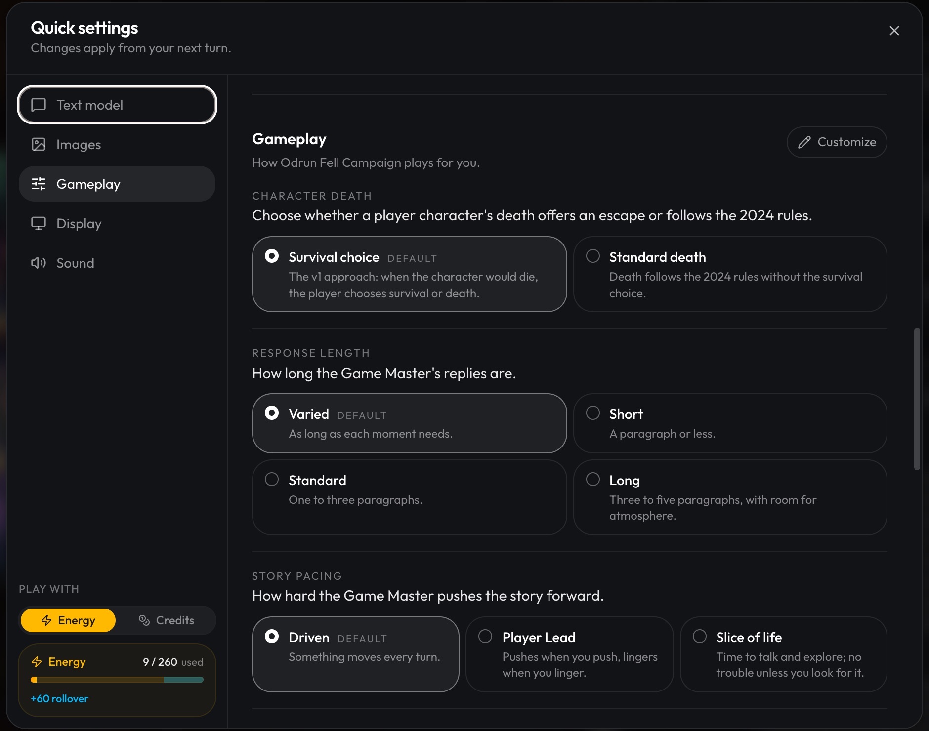 The Quick settings dialog with its section list on the left (Text model, Images, Gameplay, Display, Sound) and the Gameplay section's player options and Customize button showing