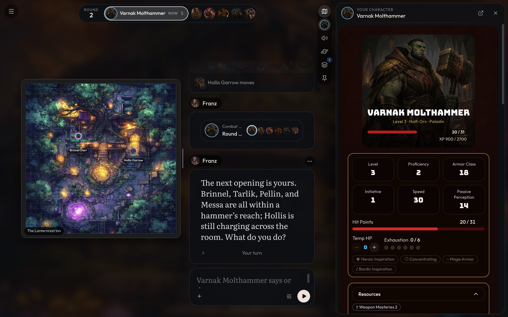 The side panel open on the player's character sheet during a fight, beside the map and the story