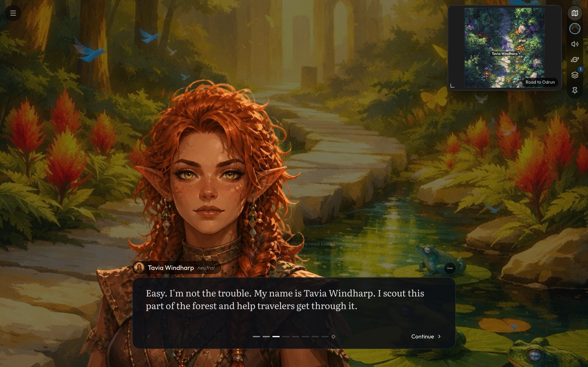 A reply page on the game screen: Tavia Windharp's line in the story panel with her cut-out standing behind it, the corner map at the top right, the rail of buttons down the right edge and the menu at the top left