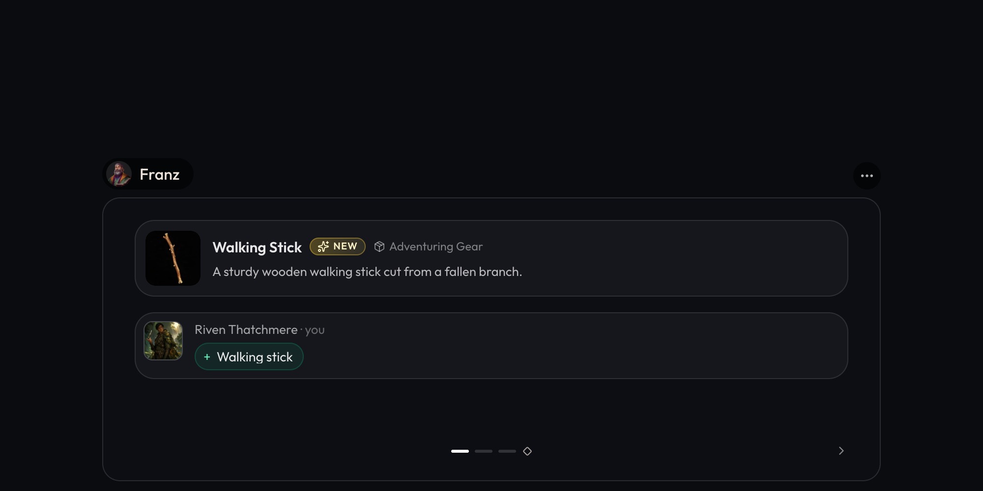 A reply with a New card for a Walking Stick the GM just made, and under it a What changed row for Riven Thatchmere with the chip + Walking stick
