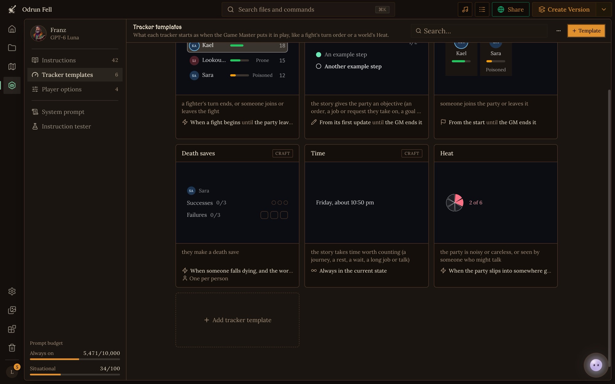 The Game Master place's Tracker templates page, with cards for Craft's Combat, Objectives, Party, Death saves and Time and a world's own Heat tracker, each showing a preview of how it looks in play