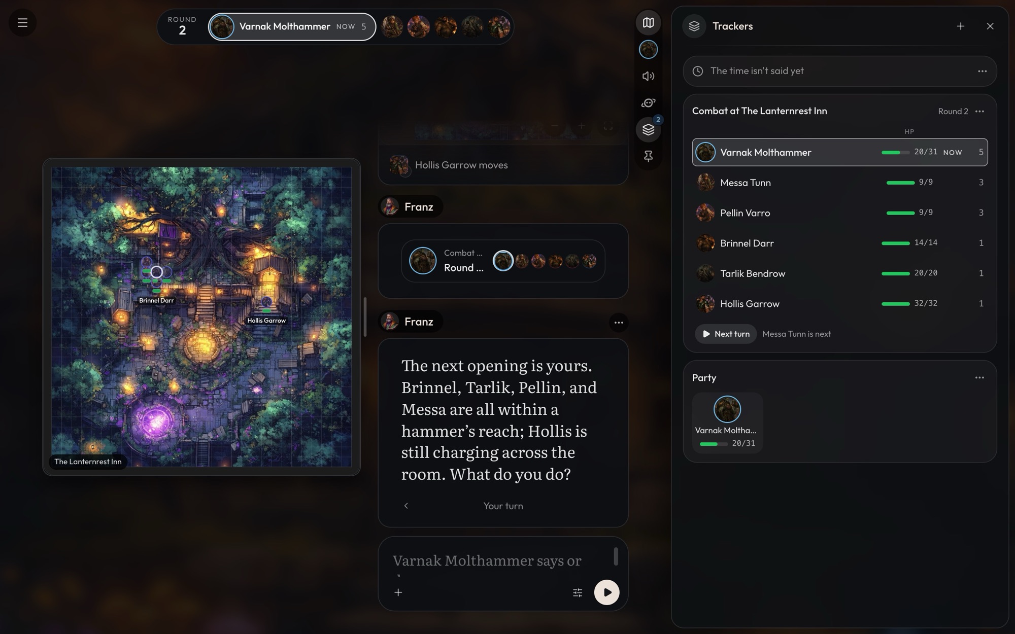 The Trackers panel open beside a fight: the Time line, the Combat at The Lanternrest Inn turn order with everyone's HP and a Next turn button, and the Party roster